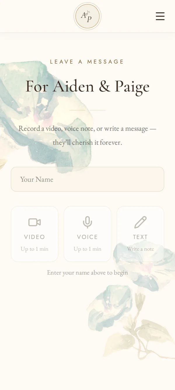 Leave a message screen with video, voice and text options